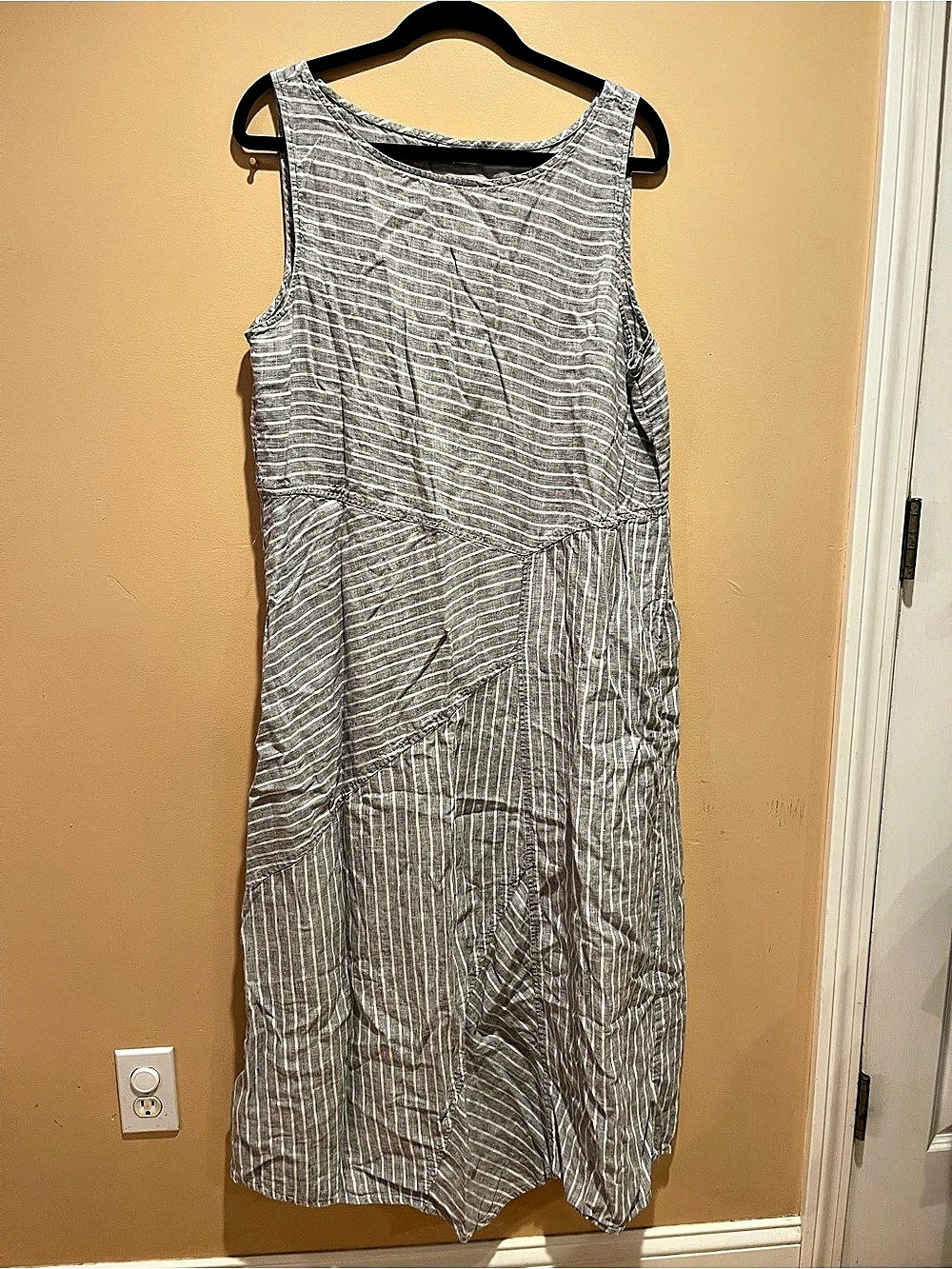 J. Jill Love Linen Striped Patchwork Midi Dress Gray & White